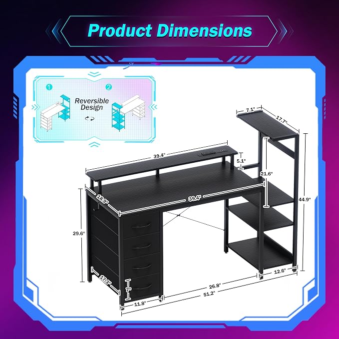 51 Inch Gaming Desk with Drawers & PC Tower Stand & LED Lights, Black | Reversible, Monitor Shelf, Power Outlets, Carbon Fiber, Mesa Gamer, Computer Desk with Storage, Gaming Table for Home Office - Image 3