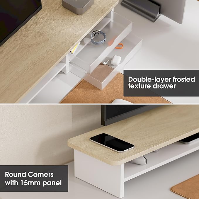 Fenge Monitor Stand, Dual Monitor Riser, 42.5inch Large Desk Computer Monitor Stand Riser with Drawer, 2 Tier Wood & Acrylic Desktop Organizer for Computer, Laptop, Printer, TV Screen Riser - Image 4