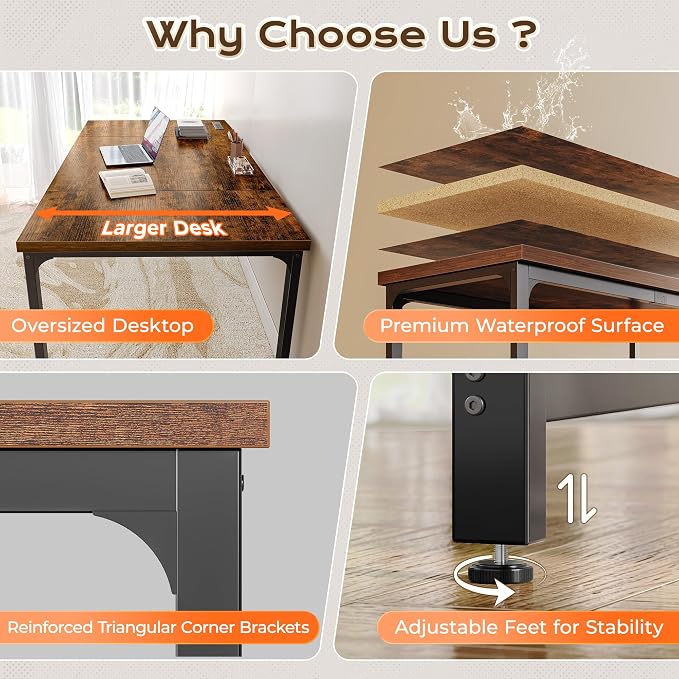 Huuger 63 x 31.5 inch Desk with Power Outlets & USB-C, 0.95 Inch Thicker Desktop, Robust Metal Tubes, Deep Computer Desk, Heavy Duty Office Desk, for Home Office, Rustic Brown - Image 9