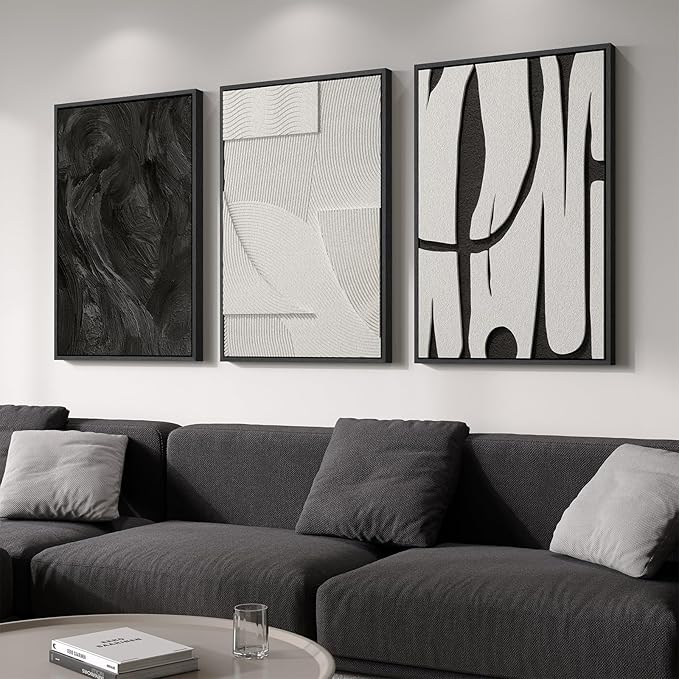 Large 3D Textured Framed Black and White Abstract Wall Art for Living Room, 3 Piece Modern Artwork for Walls, Minimalist Black White Texture Paintings for Hallway Office Wall Decor 24x36 In by Cuspin