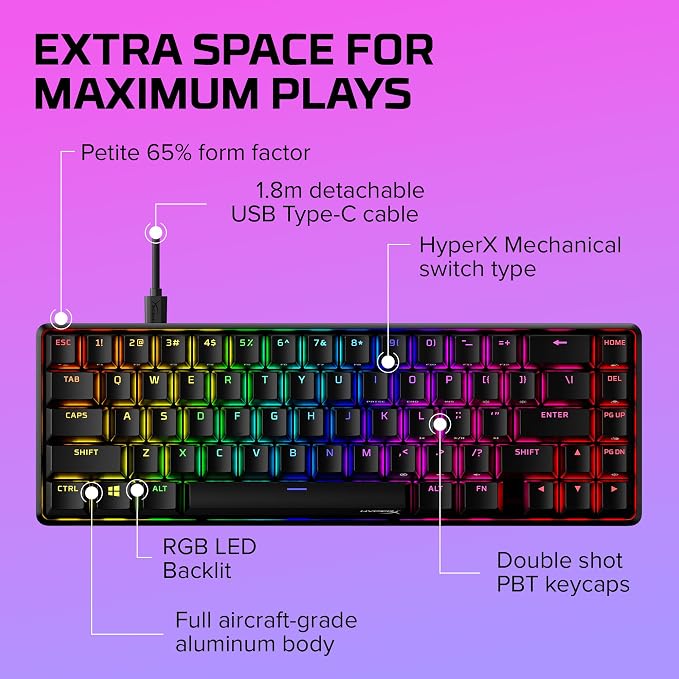 HyperX Alloy Origins 65 - Mechanical Gaming Keyboard – Compact 65% Form Factor - Tactile Aqua Switch - Double Shot PBT Keycaps - RGB LED Backlit - NGENUITY Software Compatible - Image 8