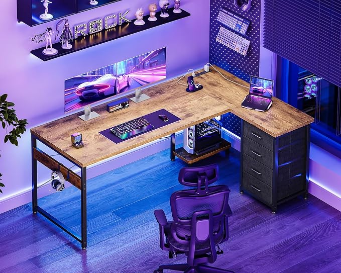 AODK 61" L Shaped Gaming Desk with 4 Drawers and Power Outlets, Vintage | USB Ports, PC Tower Stand, Hooks, Reversible Corner Layout for Gaming Rooms, Bedrooms and Home Office - Image 2