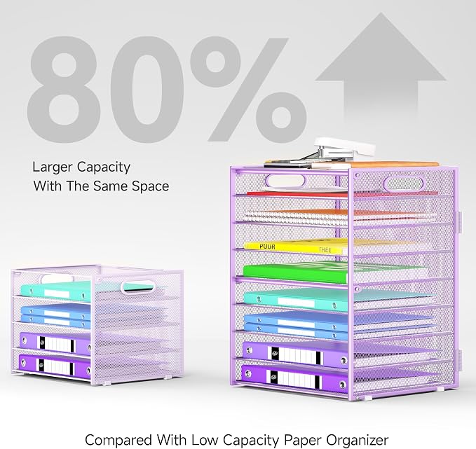 Cawukege 9 Tier Paper Organizer with Handle, Purple Large Capacity Desk Organizer Mesh File Folder Letter Paper Tray Desktop Document Sorter for Classroom, School, and Office Accessories Organization - Image 3