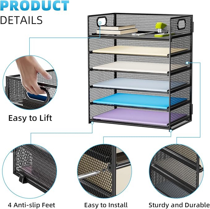 Marbrasse 6 Tier Paper Organizer Letter Tray - Mesh Desk File Organizer with Handle, Paper Sorter Organizer for Letter/A4 Office File Folder Holder - Black - Image 3