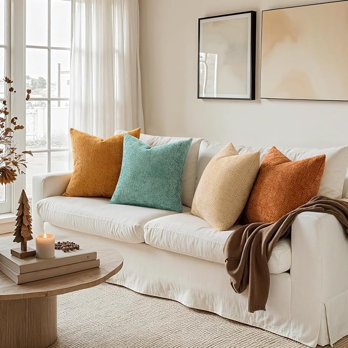 MIULEE Pack of 4 Orange/Teal Couch Throw Pillow Covers 18x18 Inch Yellow Green Soft Decorative Chenille Pillows Farmhouse Accent Cushions for Boho Fall Home Decor Sofa Bedroom Living Room - Image 5