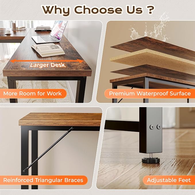 Huuger 63 Inch L Shaped Desk with 0.95 Inch Thicker Desktop, Reversible Computer Desk, Larger Corner Office Gaming Desk, Robust Metal Frame, for Home Office, Rustic Brown - Image 7