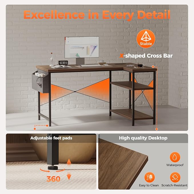 Mericonia 55 inch L Shaped Gaming Desk, Large Corner Desk with Shelves | Reversible Computer Desk with Power Outlets & Storage Bag, Office Table for Home Bedroom Study Work Writing - Image 5