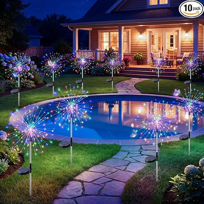 btfarm 10 Pack Solar Garden Lights Outdoor, 8 Modes Firework Lights Solar Powered, Waterproof Twinkle Fairy Light Outside for Yard Patio Pathway Pool Christmas Party Decorative, Multicolor by btfarmdecorativelighting