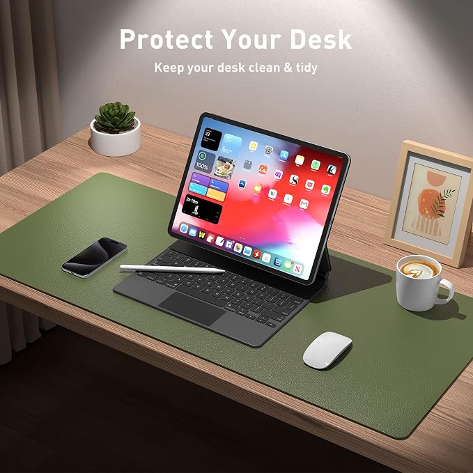Aothia Leather Desk Pad Protector, Mouse Pad, Office Desk Mat, Non-Slip PU Leather Desk Blotter, Laptop Desk Pad, Waterproof Desk Writing Pad for Office and Home (31.5" x 15.7",Olive Green) - Image 3