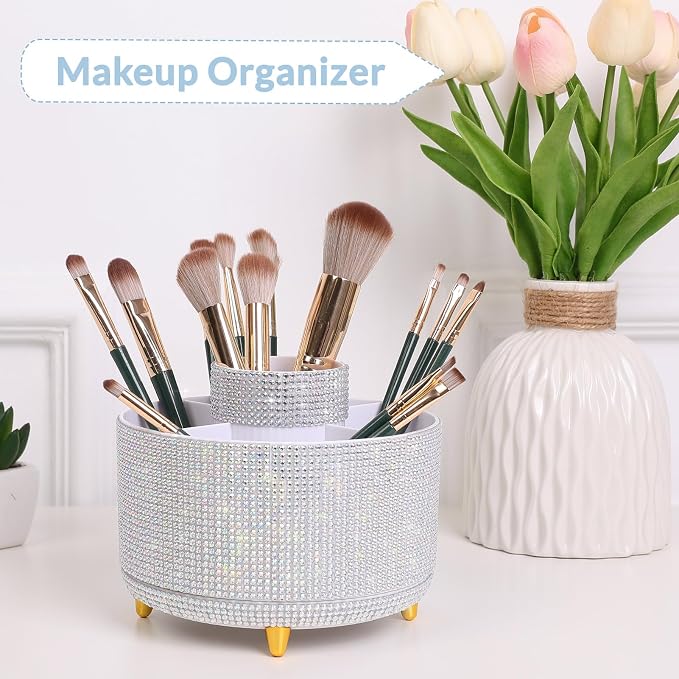 SKYDUE 360 Degree Rotating Desk Organizer, Shining Dual-Purpose Rhinestone Pencil Pen Holder, Rotating Desk Pen Organizer with 5 Slots, Rhinestone Pencil Cup for Office, School, Home - Image 4