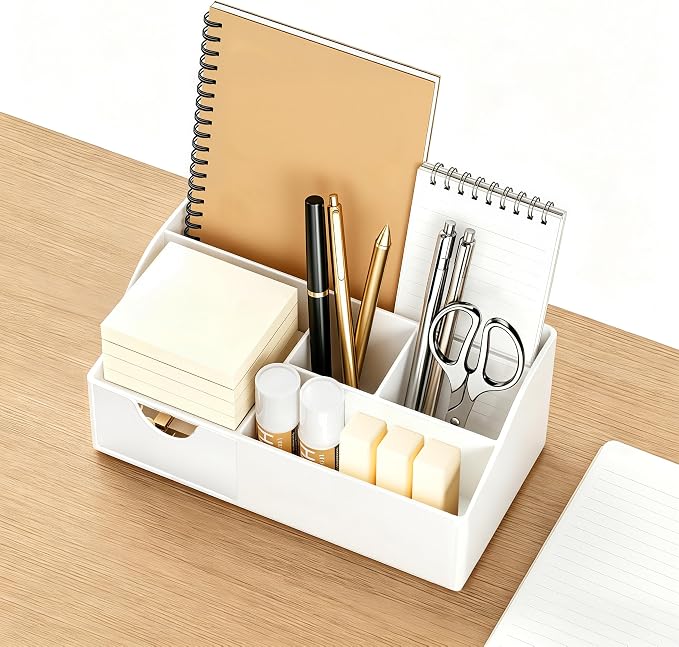 HBlife Acrylic Desk Organizer with Drawer, Pen & Pencil Holder, Multifunctional Desktop Caddy for Office Supply and Organization (White) - Image 2