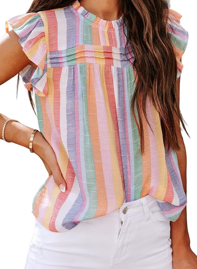SHEWIN Womens Summer Crewneck Tank Tops Casual Ruffle Sleeveless Tops Shirts by SHEWINBeYourFashionStylist