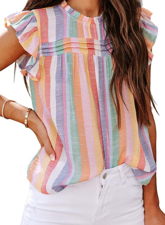 SHEWIN Womens Summer Crewneck Tank Tops Casual Ruffle Sleeveless Tops Shirts by SHEWINBeYourFashionStylist