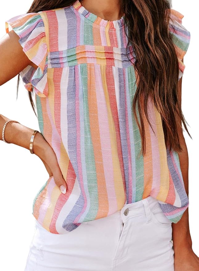 SHEWIN Womens Summer Crewneck Tank Tops Casual Ruffle Sleeveless Tops Shirts by SHEWINBeYourFashionStylist