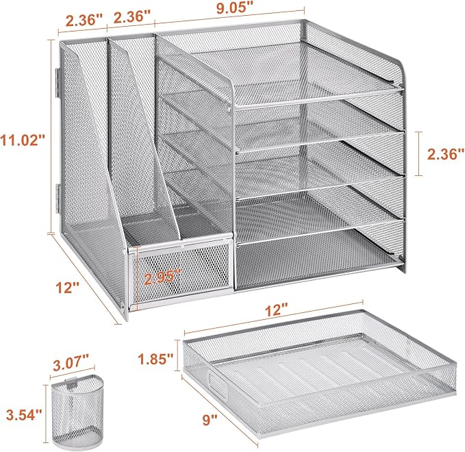Marbrasse Desk Organizer with File Holder, 5-Tier Paper Letter Tray Organizer with Drawer and 2 Pen Holder, Mesh Desktop Organizer and Storage with Magazine Holder for Office Supplies (Silver) - Image 5