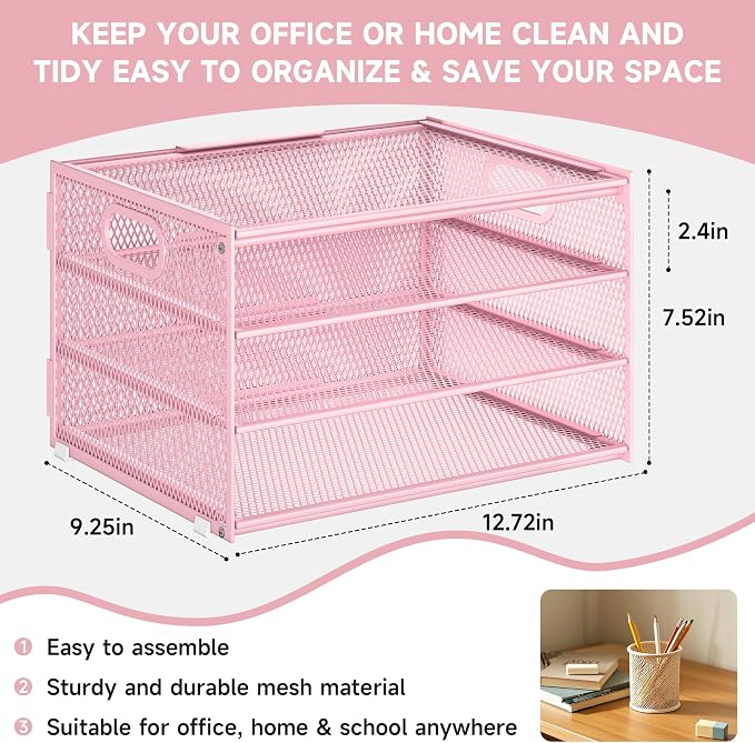 Subekyu Paper Letter Tray Organizer for Desk, Pink Metal Mesh Desk File Sorter Organizer with Handle and 2 Sliding Trays for Home Office School Supplies Organization - Image 6