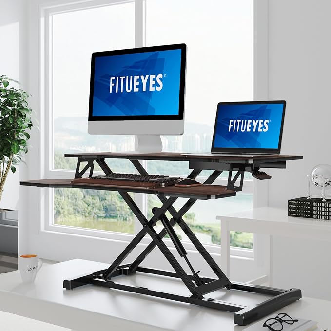 FITUEYES Height Adjustable Standing Desk 32” Wide Sit to Stand Converter Stand Up Desk Tabletop Workstation for Laptops Dual Monitor Riser Brown SD308002WE - Image 2