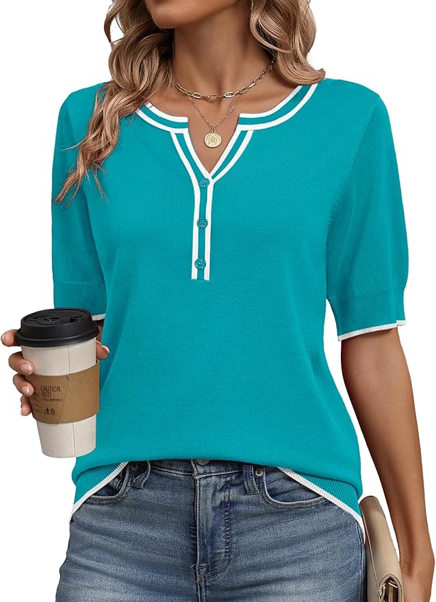 Zeagoo Women's Short Sleeve Sweater 2026 Spring Summer Tops Lightweight Casual V Neck Sweaters Dressy Work Blouses Clothes by Zeagoo