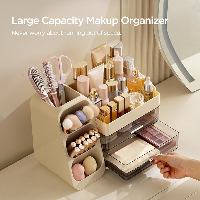 HBlife Makeup Organizer with Brush Holder for Vanity, Large Plastic Bathroom Countertop Organizer Skin Care Storage, Easy to Store Lipsticks, Nail Polishes, Perfumes, Eyeshadow Palettes, Beige - Image 5