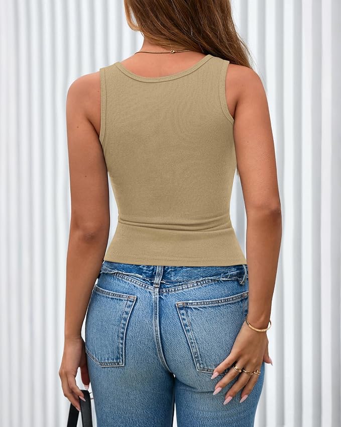 BTFBM Summer Tops for Women 2026 Scoop Neck Ribbed Henley Button Sleeveless Casual Spring Basic Tank Top Clothes Outfits - Image 3