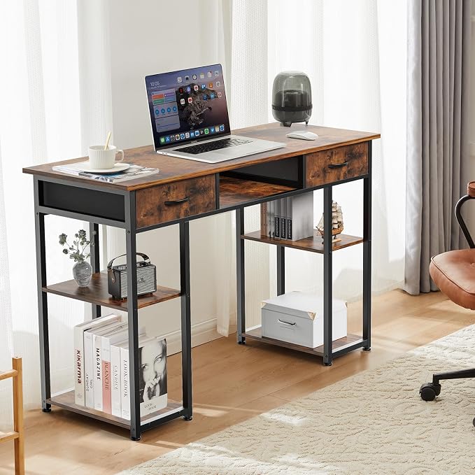 DUMOS 48-Inch Computer Desk with Drawers, Hook and Side Bag, Brown | Home Office Desk for Bedroom, Gaming Writing Study Desk with Adjustable Feet - Image 2