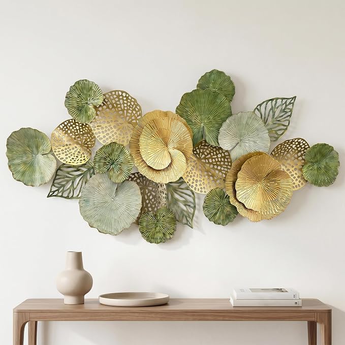 Axioglo 51" Large Wall Decor 3D Lotus Leaf Metal Wall Art for Living Room | 51" x 26" metal wall decor with layered metal texture, mounting hardware, two-way display by Axioglo