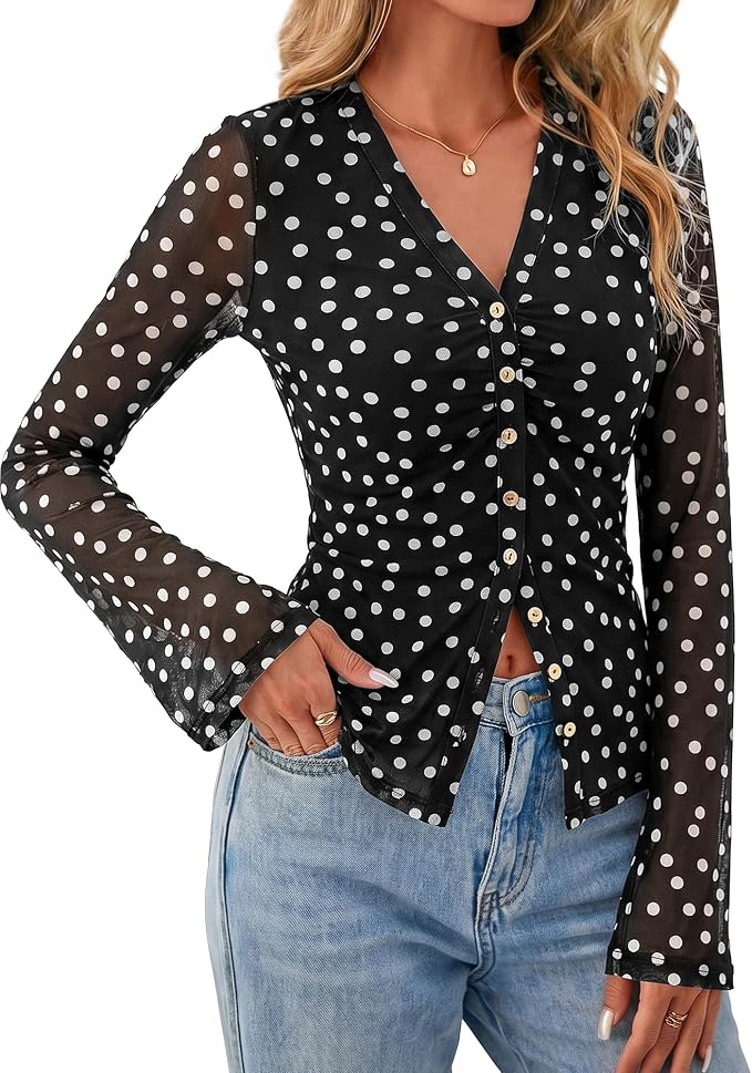 BTFBM Button Down Shirts for Women 2026 Fall Boho Tops V Neck Long Sleeve Blouses Ruched Mesh Fitted Fashion Clothing - Image 3