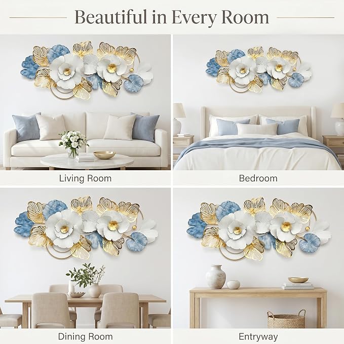 Axioglo 59" Large Wall Decor,3D Floral Metal Wall Art for Living Room | 59" x 27" metal wall decor with layered metal texture, mounting hardware, two-way display - Image 7
