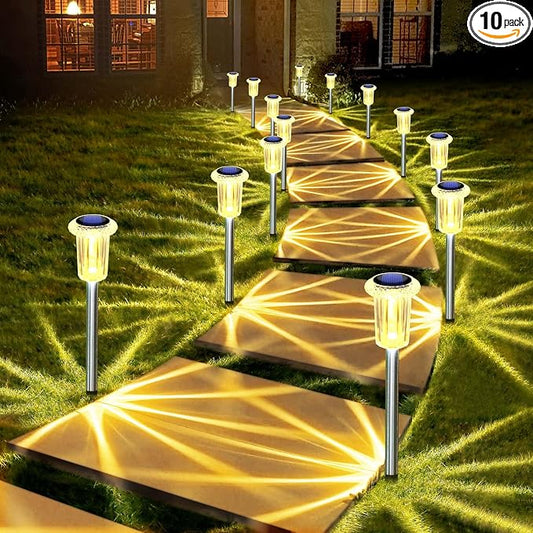 DenicMic 10 Pack Solar Pathway Lights Outdoor Waterproof Warm White LED | Stainless Steel Stake Lights for Garden Patio Backyard Driveway Walkway Lawn Auto On/Off 3000K Diamond-like Acrylic Lens by Denicmic
