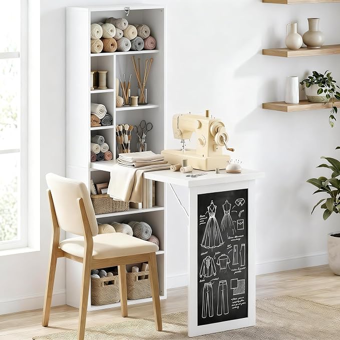 HOMCOM Foldable Convertible Writing Table Space-Saving Computer Desk White | Wall Mounted Design, Chalkboard, Storage Shelves, for Small Spaces, Home Office, Bedroom, Dorm, Apartment - Image 8