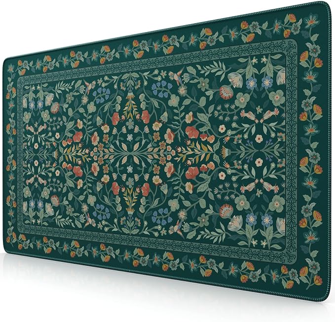 iCasso Aesthetic Flower Mouse Pad,23.6x13.7in,Deep Green | Vintage Desk Matt for Desktop, Anti-Slip Mousepad with Stitched Edges for Laptop Computer Keyboard by iCasso