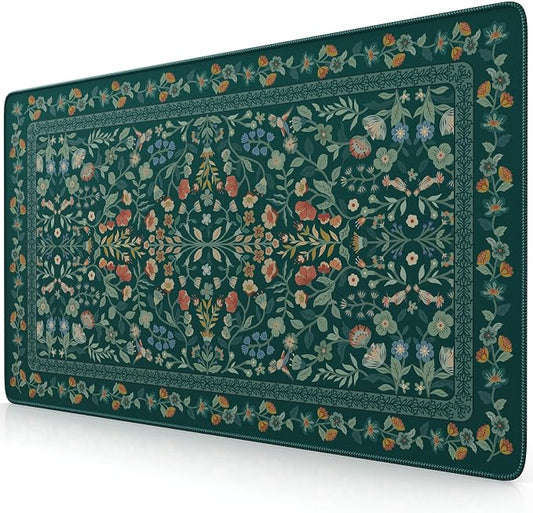 iCasso Aesthetic Flower Mouse Pad,23.6x13.7in,Deep Green | Vintage Desk Matt for Desktop, Anti-Slip Mousepad with Stitched Edges for Laptop Computer Keyboard by iCasso