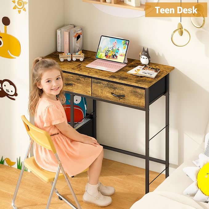 3IngSeagulls 33 Inch Small Computer Desk with Fabric Drawers, Home Office Desk with Storage Shelf, Compact Desks for Small Spaces, Teen Study Table for Bedroom, Rustic Brown - Image 7