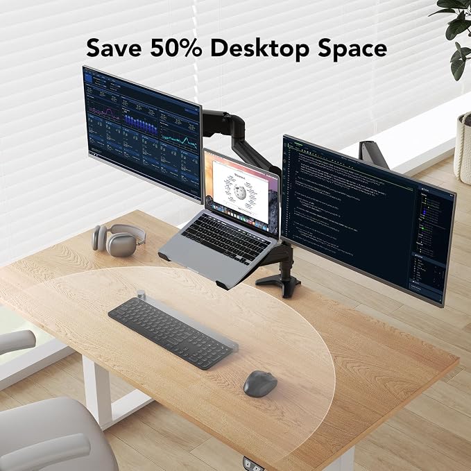 HUANUO Dual Monitor and Laptop Mount for Max 32” Monitor and 17” Laptop, Adjustable Arm with Tilt, Swivel and Rotation, Dual Monitor and Notebook Stand with VESA Bracket 75/100 mm - Image 5