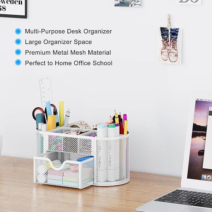 EasyPAG Mesh Pen Holder Desk Organizer with Drawer Stationery Supplies Organizer for Dorm School 9 Compartments Workspace Desk Accessories Organization for Office, White - Image 3