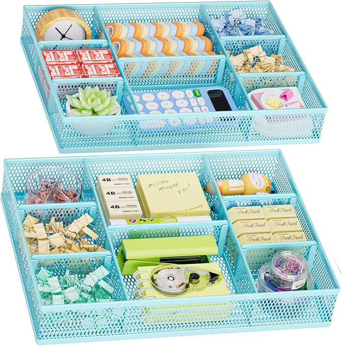 Marbrasse 2 Pack Desk Drawer Organizer, Mesh Drawer Organizer Tray with 8 Adjustable Compartments, Desk Organizers and Accessories, 5 Dividers Drawer for Office Supplies, Makeup & Vanity (Blue) by Marbrasse
