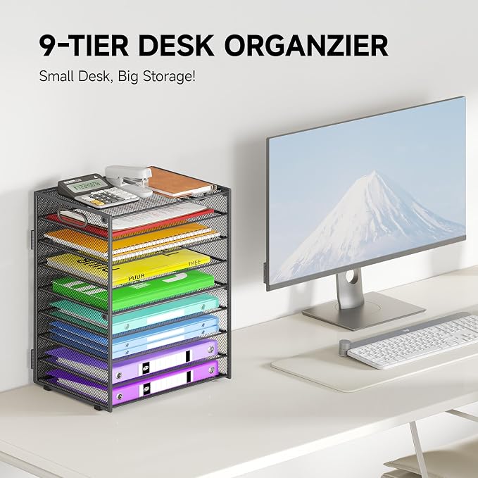 Cawukege 9 Tier Paper Organizer with Handle, Large Capacity Desk Organizer Mesh File Folder Letter Paper Tray Desktop Document Sorter for Classroom, School, and Office Accessories Organization - Grey - Image 2