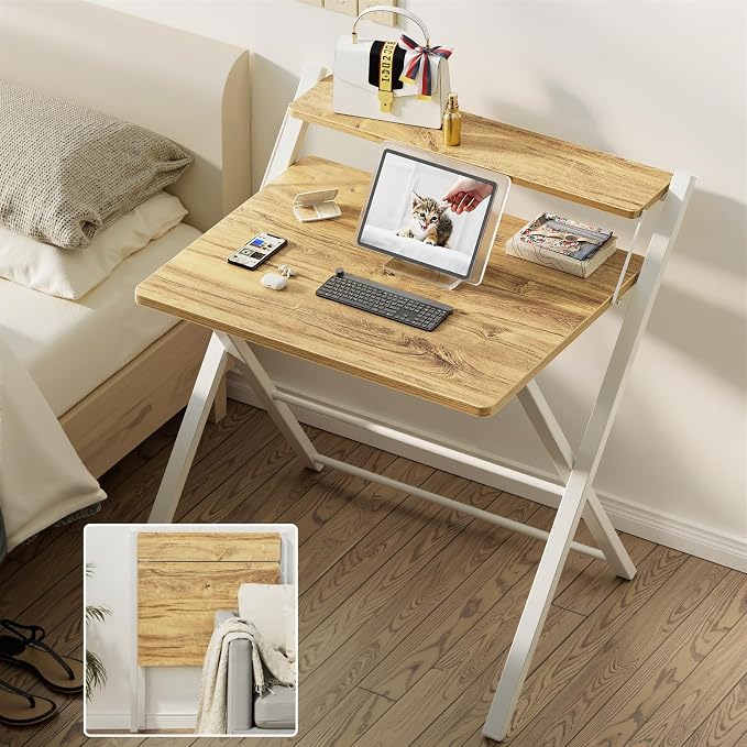 GreenForest Folding Desk No Assembly, Sturdy Computer Desk for Small Spaces | Portable Foldable Table for Laptop, 2-Tier Compact with Shelf, Space Saving for Home Office, Dorm, Apartment, 24.5"x 30" Oak - Image 9