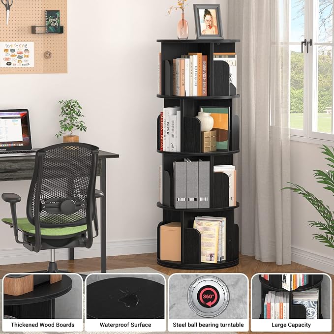 Aheaplus Rotating Bookshelf, 360 Revolving Bookshelf Tower for Small Space, 4 Tier Floor Standing Bookcase Storage Rack, Wood Narrow Book Shelf Organizer for Bedroom, Living Room, Study Room, Black - Image 4