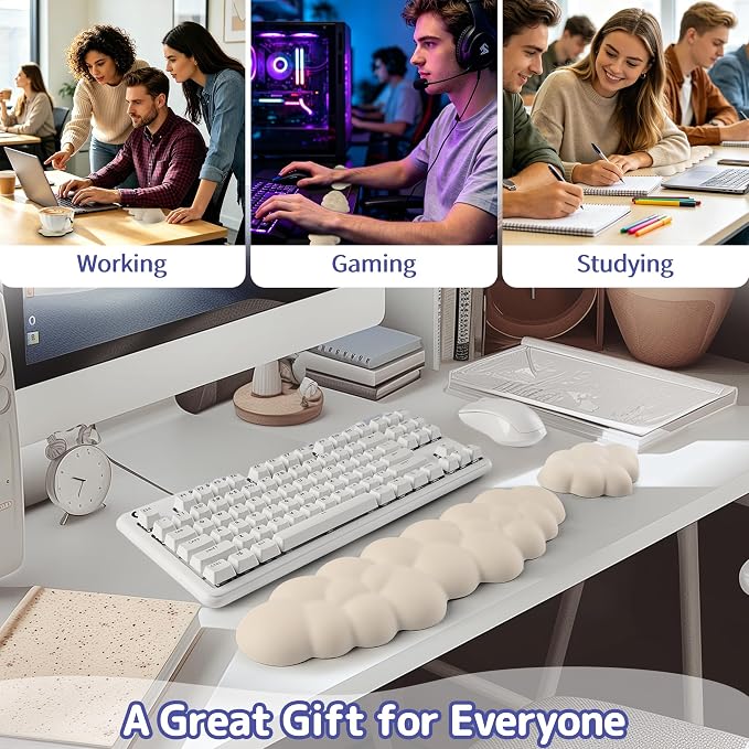 Sushret Cloud Wrist Rest Keyboard, Cloud Keyboard Wrist Pad Set with PU Leather Memory Foam, Cute Arm Rest for Palm Support, PC/Gaming Desk Accessories/Office Setup/Computer Hand Cushion - Beige - Image 6
