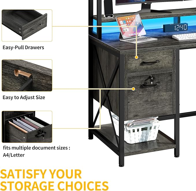 DWVO Computer Desk with Drawers & Hutch, 59.1" Office Desk with Power Outlets & LED Lights, Home Office Desk with Storage Shelves, Grey | Built-In Power Outlets, Led Lights, Hutch Shelves, Storage Drawers, for Home Office Work Study, Easy Assembly - Image 6