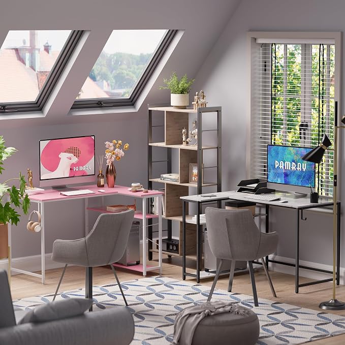 Pamray 43 Inch L Shaped Computer Desk with Reversible Side Storage Shelves, Small Corner Desk for Small Space Home Office,Writing Study Table PC Desk for Bedroom,White Marble - Image 6