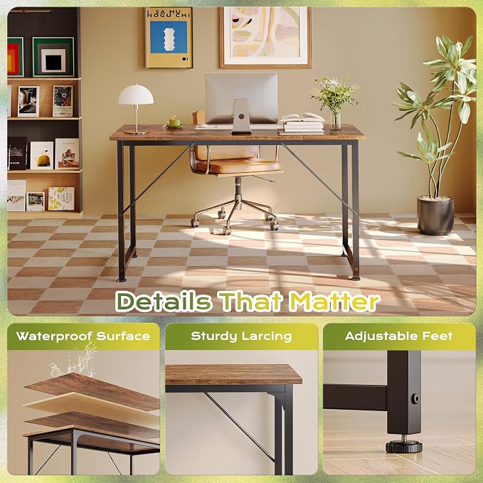 PRAISUN 47 Inch Computer Desk, Home Office Desk with Spacious Desktop, Rustic Brown - Image 6