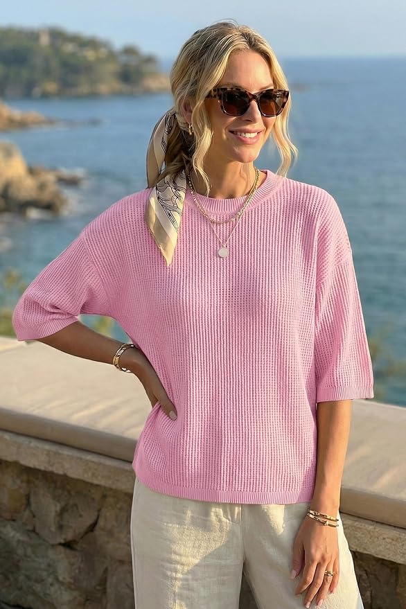 Arach&Cloz Womens Summer 100% Cotton Oversized Crochet Tops 3/4 Length Sleeve Sweater Hollow Out Casual Blouses 2026 - Image 4