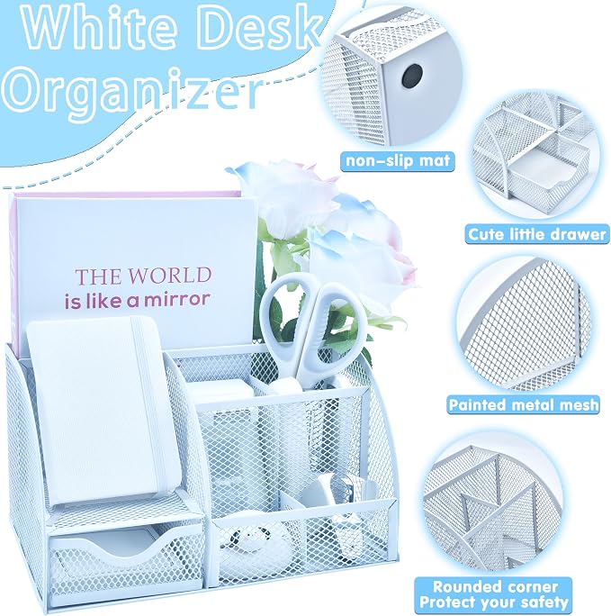 White Desk Accessories, 25Pcs White Office Supplies and Desk Organizers, with Tape Dispenser, Stapler, Staple Remover, Ect, Gift Box Packaging - Image 2