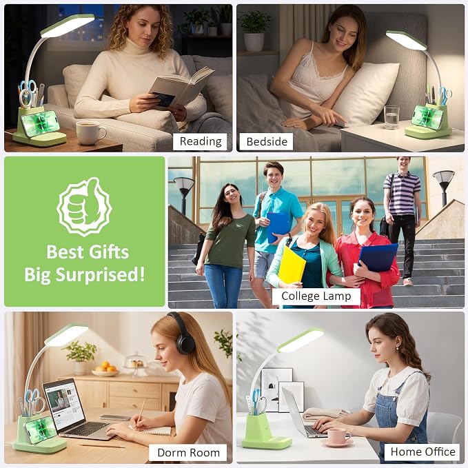 LED Desk Lamp with 10W Wireless Charging & Pen Holder, Light Green | CRI 95, 800LM, Stepless Dimming, 3 Modes, 360°Flexible Arm, Touch, Study Table Lamp for Home Office, Dorm Room, with Adapter - Image 8