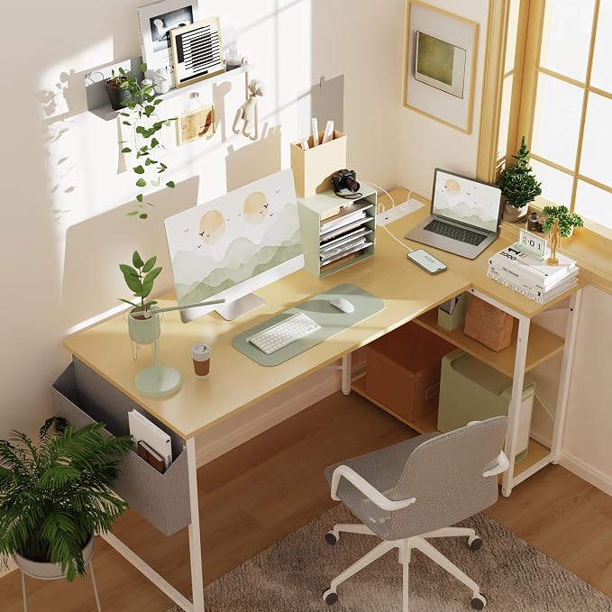 TIQLAB L-Shaped Computer Desk with Power Outlets - Reversible Shelves, 47 Inch Gaming & Study Desk in Beige - Image 2