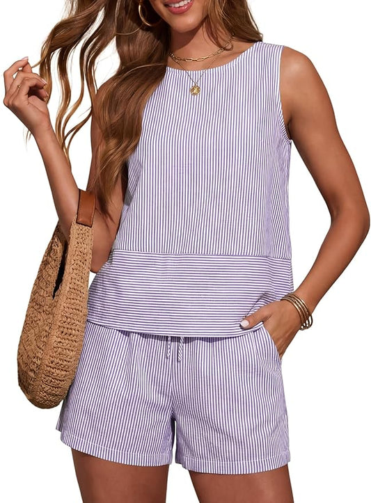 LOMON Women's Trendy 2 Piece Outfits Shorts Sets Summer Crew Neck Sleeveless Tank Top and Bottom Matching with Pockets 2026 by LOMON