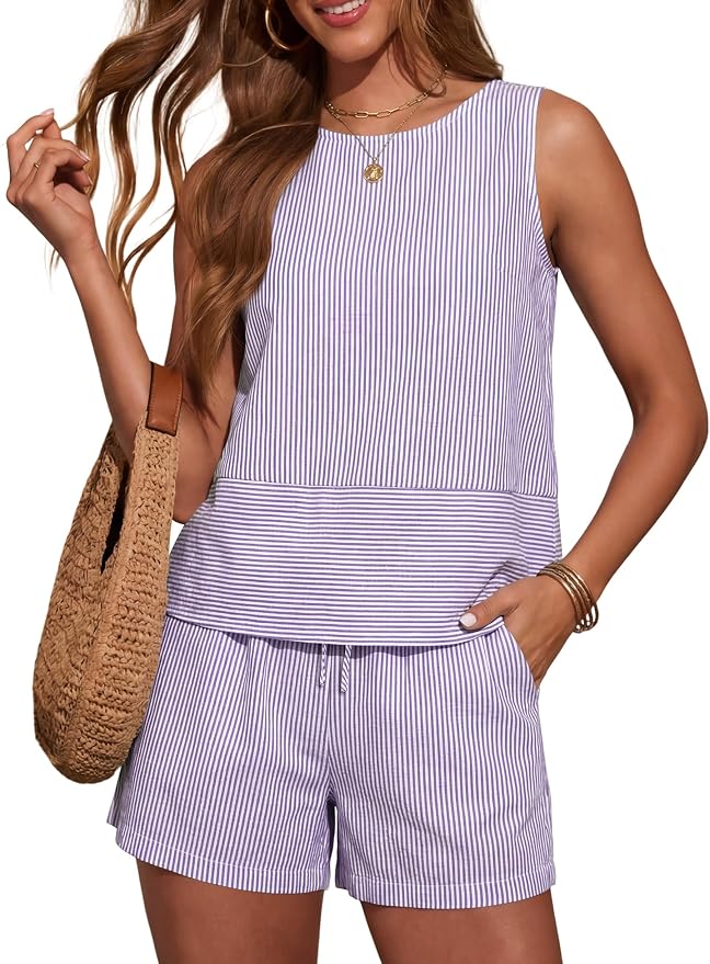LOMON Women's Trendy 2 Piece Outfits Shorts Sets Summer Crew Neck Sleeveless Tank Top and Bottom Matching with Pockets 2026 by LOMON
