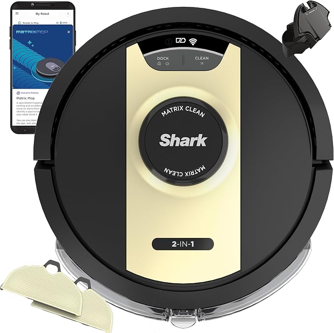 Shark IQ 2-in-1 Robot Vacuum and Mop with Row-by-Row Cleaning, Perfect for Pet Hair, Compatible with Alexa, No Self-Empty Base, Black/Bronze, RV2410WD by Unknown